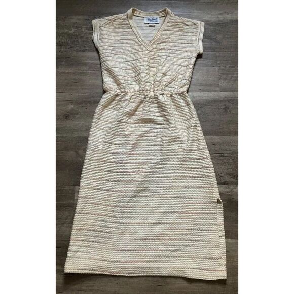 Malouf of Dallas Dresses & Skirts - Vintage Malouf of Dallas Women Knit Midi Dress Striped V-Neck Elastic Waist Sz 8